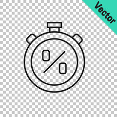Black line Stopwatch with percent discount icon isolated on transparent background. Time timer sign. Vector