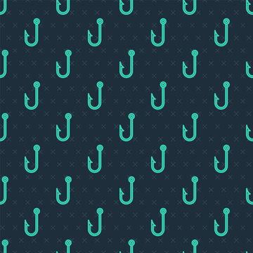 Green line Fishing hook icon isolated seamless pattern on blue background. Fishing tackle. Vector