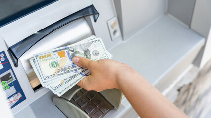 Atm cash machine money. Woman withdraw money dollar bill. Holding american hundred cash. Money dollar, bank credit card.