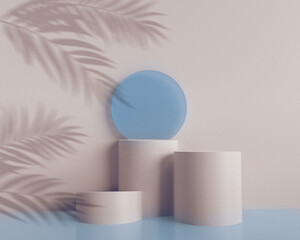 Stone product display podium with nature palm shadow on white background. 3D rendering