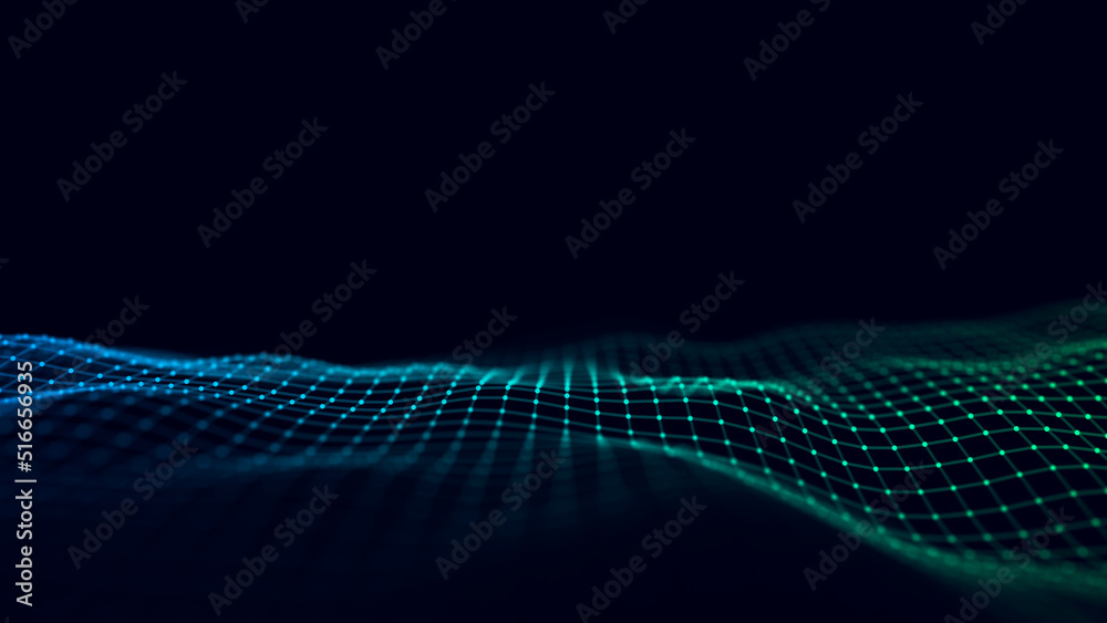Poster futuristic moving wave. digital background with moving glowing particles and lines. big data visuali