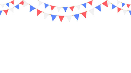 Flag garland. Repeating party bunting pattern. Triangle celebration flags chain. White, blue, red pennants decoration. Vector footer and banner