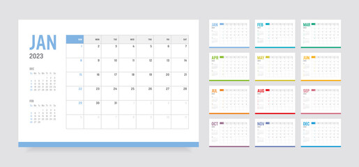 Year 2023 monthly desk calendar. Week starts Sunday. Vector template.
