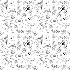 Seamless doodle floral pattern with flowers and leaves. Spring and summer abstract concept great for background, fabric, textile. Vector illustration.
