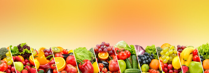 Berries, fruits and vegetables on an orange background.