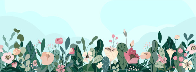 Beautiful floral background, panorama. Landscape of leaves, colorful flowers and berries. Bright spring and summer banner for cover social network, invitation, wedding, holiday. Vector illustration.