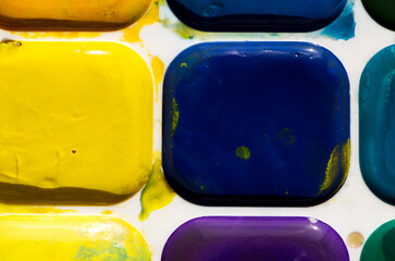A palette of children's watercolor paints. Close-up