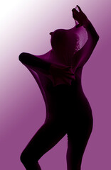 A female dancer poses covered with a velvet purple material - obrazy, fototapety, plakaty