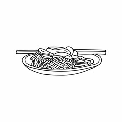 Hand drawn noodles with meet illustration in vector. Chinese food doodle illustration in vector. Japanese food doodle illustration in vector. Noodle on plate with chopsticks doodle illustration. 