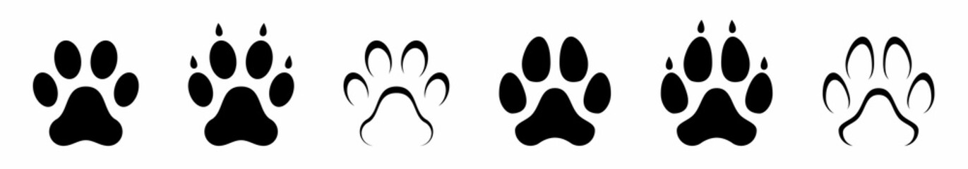 Dog or cat paw print flat icon. Different animal paw print. Dog, puppy silhouette animal diagonal tracks for t-shirts. Animal apps and websites. Vector illustrations - obrazy, fototapety, plakaty