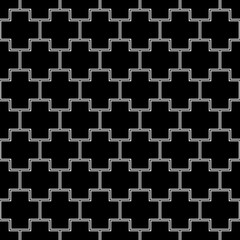 Repeated black figures on white background. Patches wallpaper. Seamless surface pattern design with polygons. Mosaic motif. Digital paper for page fills, web designing, textile print. Vector art.