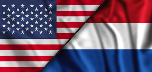 Netherlands and United States table flags isolated. 3D rendering.