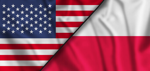 Poland and United States, USA two flags textile cloth, fabric texture. Relations between countries.
