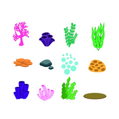 Vector ocean world. Exotic seascapes with seaweeds. Colorful background. Aquatic ecosystem. Illustration of underwater life.  Aaquarium underwater sea life nature, icons, isolated vector illustration.
