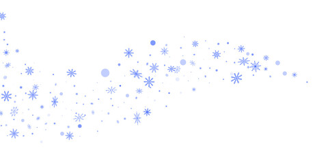 Blue delicate openwork snowflakes scatter on a white background. Festive background, postcard design, wallpaper