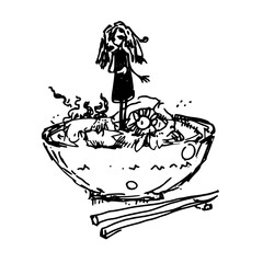 Digital sketch with bowl of noodles with chopsticks. Little girl in a plate. Diner food illustration.
