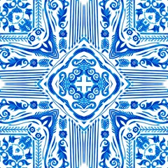 Blue white watercolor azulejos tile background. Seamless coastal geometric floral mosaic effect. Ornamental arabesque all over summer fashion damask repeat