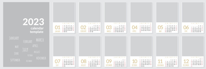 Vertical wall calendar template for 2023 year. Set of 12 months. Week starts on Sunday. Planner in minimalist style with place for photo. Vector editable corporate and business calendar page template