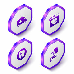 Set Isometric Ambulance car, Doctor appointment, Tooth with caries and Blood donation icon. Purple hexagon button. Vector