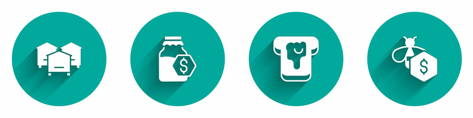Set Hive for bees, Sale in jar of honey, Bread with and icon with long shadow. Vector