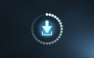 illustrated glowing Download arrow icon with loading circle in form of round light dots, dark blue gradient background, file sharing, transmitting data, internet, network, connection, sharing