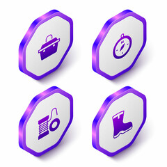 Set Isometric Case or box for fishing equipment, Compass, Spinning reel and Fishing boots icon. Purple hexagon button. Vector