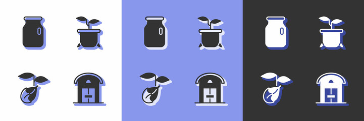Set Farm house, Glass jar with screw-cap, Sprout and Plant in pot icon. Vector