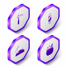 Set Isometric Scythe, Candy, Moon stars and Halloween witch cauldron icon. Purple hexagon button. Vector