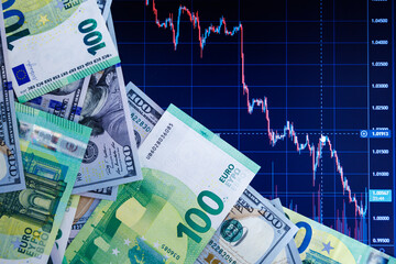 US dollar and euro banknotes over digital screen with real life exchange chart, USD EUR parity concept