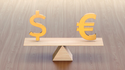 Dollar symbol and euro sign on scales. 3d rendering - obrazy, fototapety, plakaty