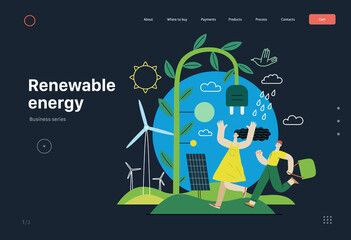 Ecology - Renewable energy -Modern flat vector concept illustration of Solar panels, Wind turbines, Rain power. A young woman and a boy running. Creative landing web page template