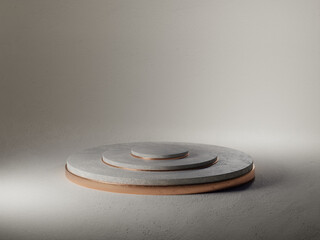 Marble pedestal with golden linings. Abstract, minimalistic showcase background. Digital 3D rendering.