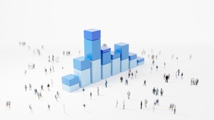 Big data analytics, abstract concept. Column chart and groups of people on a white background. Digital 3D rendering.