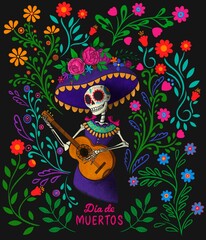 Dia de los muertos, Day of the dead, Mexican holiday, festival. Skull in hat with feathers, flowers, isolated on dark blue background. Poster, banner and card with make up of sugar skull