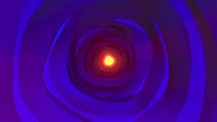 3D round purple-blue shining tunnel. An orange shining light in the end.