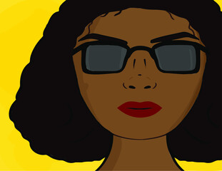woman in red lipstick with sunglasses in a yellow background