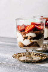 tiramisu in a glass with strawberries 