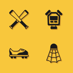 Set Crossed baseball bat, Badminton shuttlecock, Football shoes and Stopwatch icon with long shadow. Vector