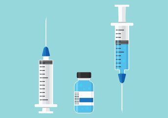 Syringe and medicine vial. Inject needle concept on blue background. Health illustration - obrazy, fototapety, plakaty