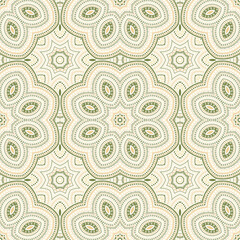 Arabic ethnic geometric vector seamless ornament. Batik patchwork design. Decorative azulejo motif. Porcelain print design. Flower and leaves composition.