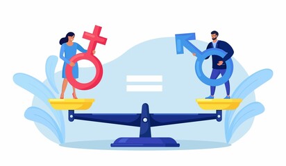 Man and woman standing on balanced scales. Gender equality. Workforce without gender discrimination. Fair job opportunity and salary, equal career opportunities. Equal rights between men and women