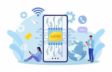 Embedded sim card on microcircuit. Young people use modern mobile phone with eSIM card chip. Smartphone without classical sim card. New digital technology. Cellphone with integrated circuit card © Nadezhda Buravleva