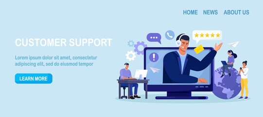 Customer support. Contact us. Man with headphones and microphone talking with clients on computer screen. Personal assistant service, hotline operator advises customer, online global technical support