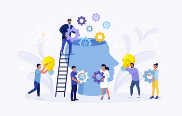 Human head with gear wheels inside. Tiny people put cogwheel in it. Productivity, effectiveness. Intelligence and knowledge development with brain performance. Gears and technical wheels as thoughts