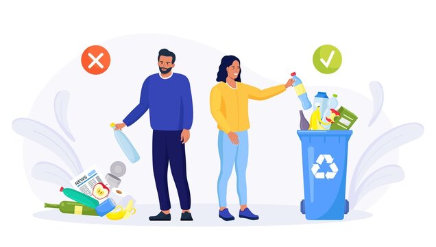 Correct and wrong examples of throwing out garbage. Person putting rubbish in trash bins, dumpsters and containers. Recycle rubbish, recycling environment littering. Pollution Ecology Protection