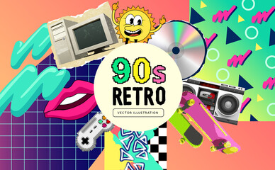 1990s retro background theme with iconic nineties objects and patterns. Vector illustration. - obrazy, fototapety, plakaty