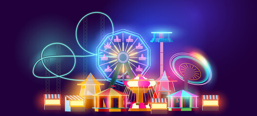 Funfair and carnival rides and attractions glowing at night. Vector illustration. - 516663543