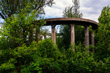Remains of ruined overgrown old industrial building