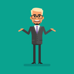 Blond businessman spreads his arms to sides and is upset. Flat people. Vector Illustration
