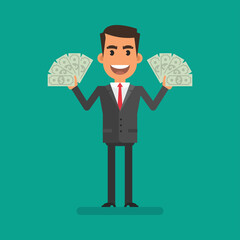 Businessman holding lot of cash. Flat people. Vector Illustration